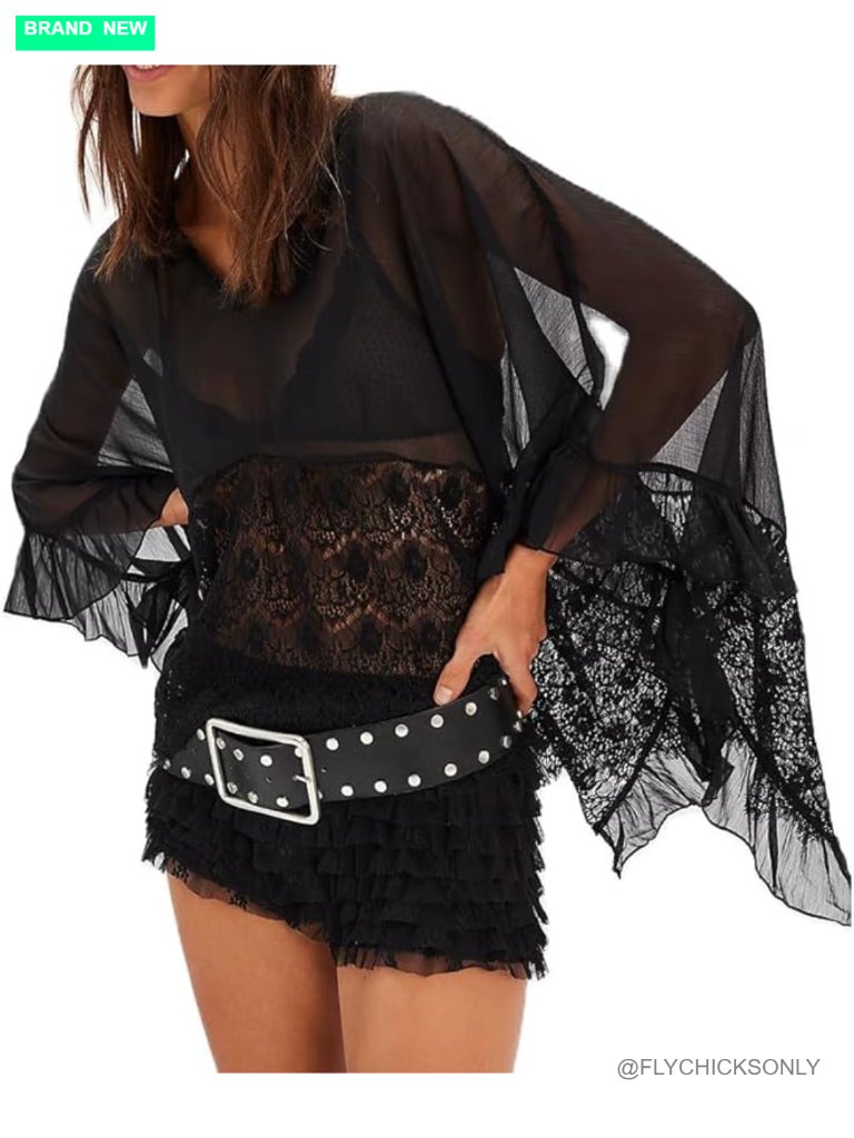 Sheer Chiffon Poncho Top Long Sleeve Flowy Cover Up Blouse